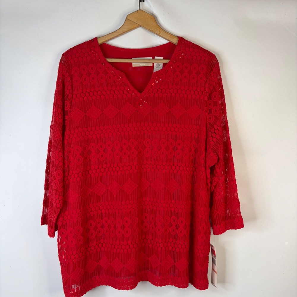Alfred Dunner Lace Top Women 2X Red V-Neck Sequin Accent 3/4 Sleeve Blouse